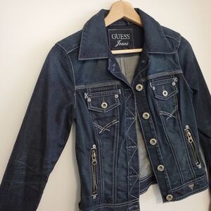 Guess Small Y2K Jean Jacket Distressed Blue Jean Stretch Bomber Button Up Coat